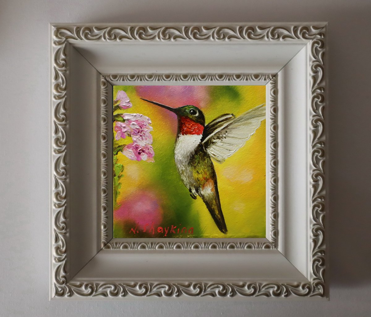 Original Painting of Hummingbird, Artwork framed 4x4 (10x10 cm) by Natalia Shaykina