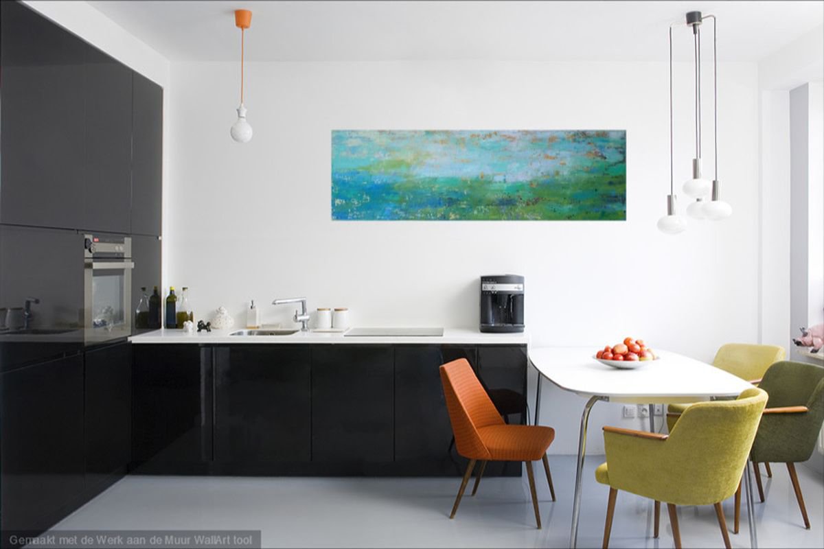 Abstract Landscape Oil Painting By Saroja Van Der Stegen, 53 X 18", Blue Horizon (Ref#:361-60Mm), Original Artwork