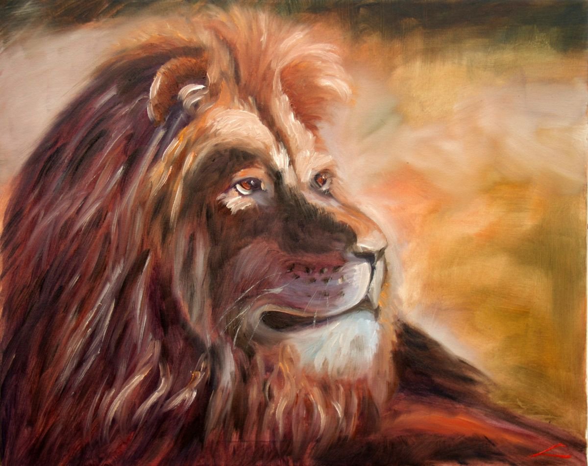 Impressionistic Animal Oil Painting By Elena Sokolova, 20 X 16, Lion Of Oz, Original Artwork