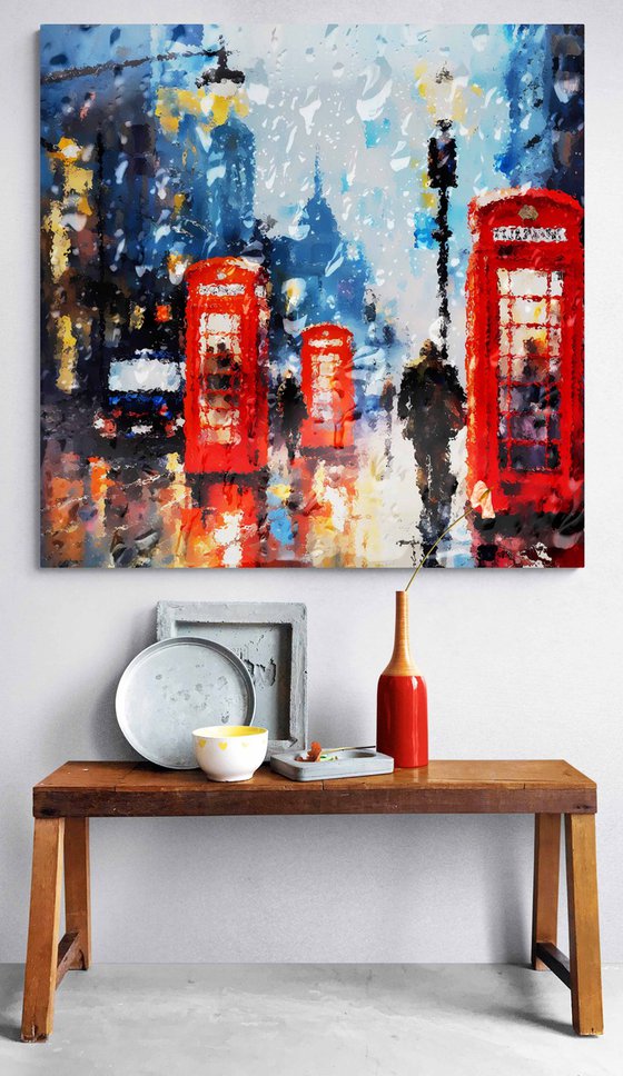 Rainy evening in London. Urban cityscene impressionistic landscape art. Large wall home decor. Art Gift