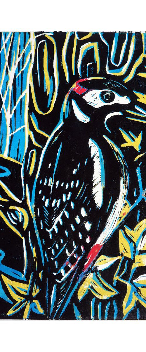 Great Spotted Woodpecker - Hand finished Linocut by Julia  Rigby