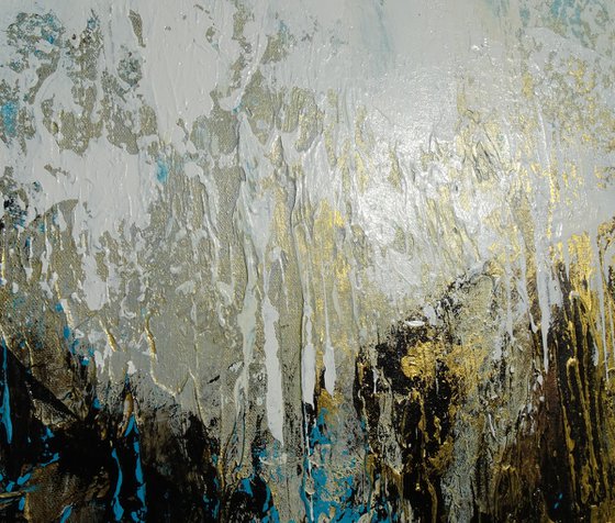 Modern Abstract Heavy Textured Landscape Painting. 61 x 76cm. Contemporary Art. Blue and Gold, Brown, White