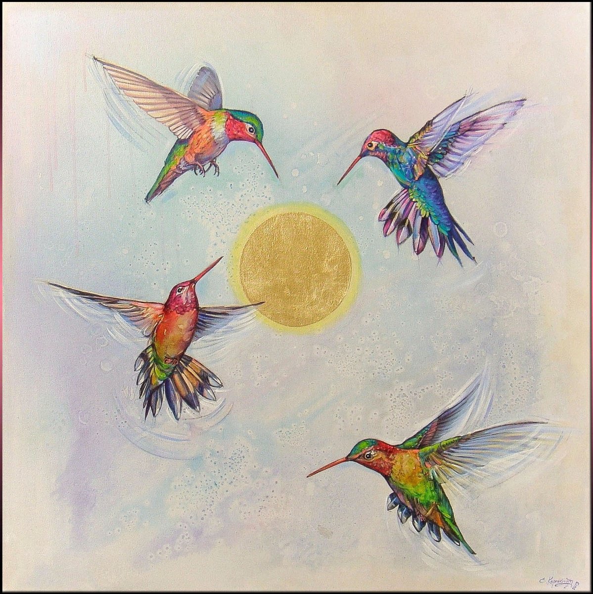35.4 -?Shining Sun and Hummingbirds-? Large Painting by Irini Karpikioti