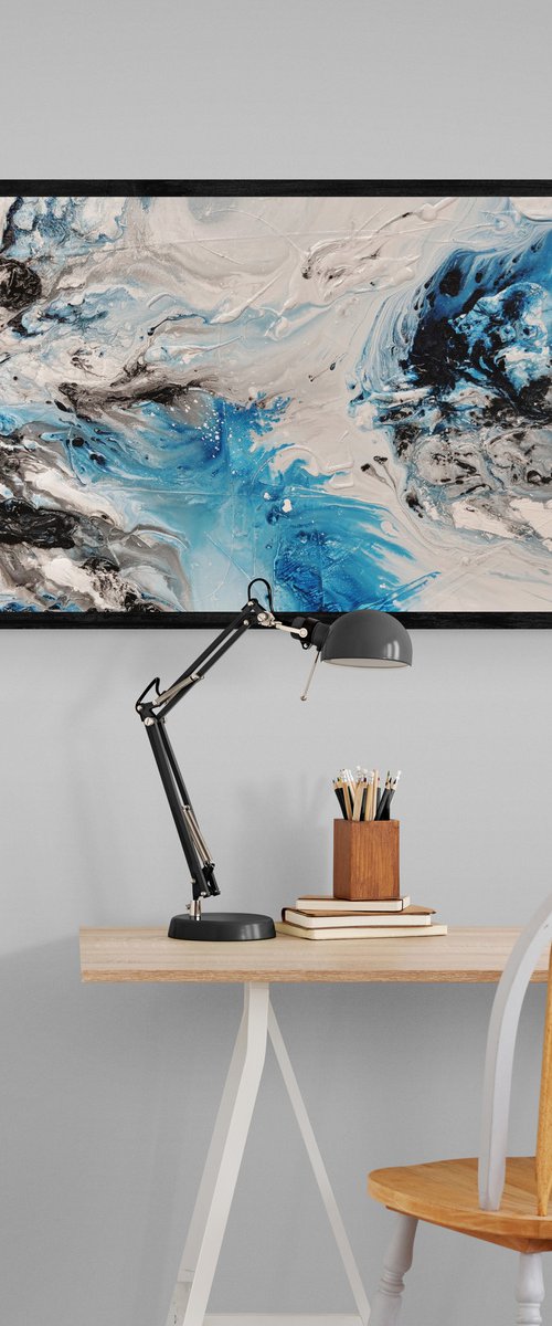 Crushed Midnight 160cm x 60cm Blue White Abstract Art by Franko