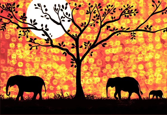 Elephants at Sunset africa animal elephant print floral orange Edition