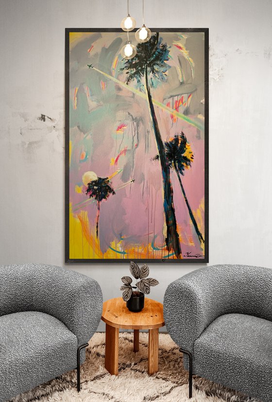 XL Big artwork - "Flight to Miami" - Pop Art - Huge painting - Palm - Street Art - Expressionism - Sunset