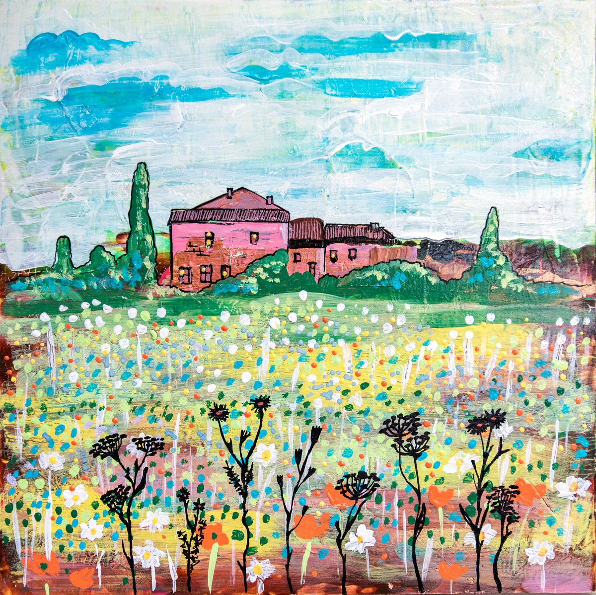 Illustrative Landscape Acrylic Painting By Ariadna De Raadt, 12 X 12, Lonely Landscape, Original Artwork