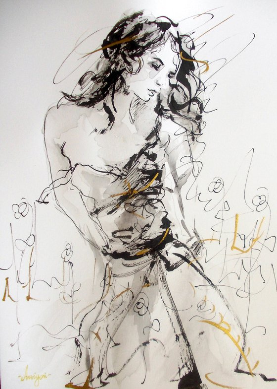 Woman   ink drawing series-Figurative drawing on paper