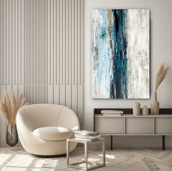 Blue seascape Gray White Abstract Art.