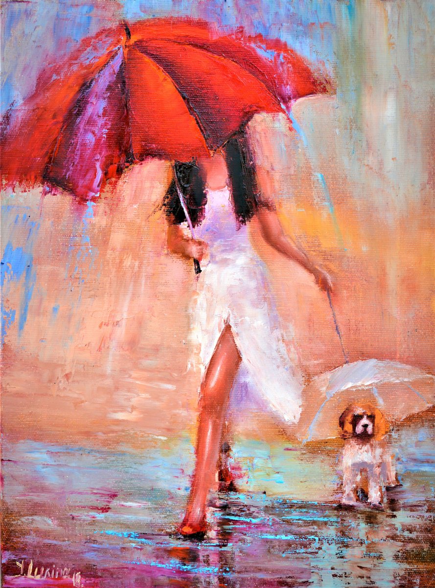 Impressionistic Animal Oil Painting By Elena Lukina, 12 X 16, Walk Under Umbrella, Original Artwork