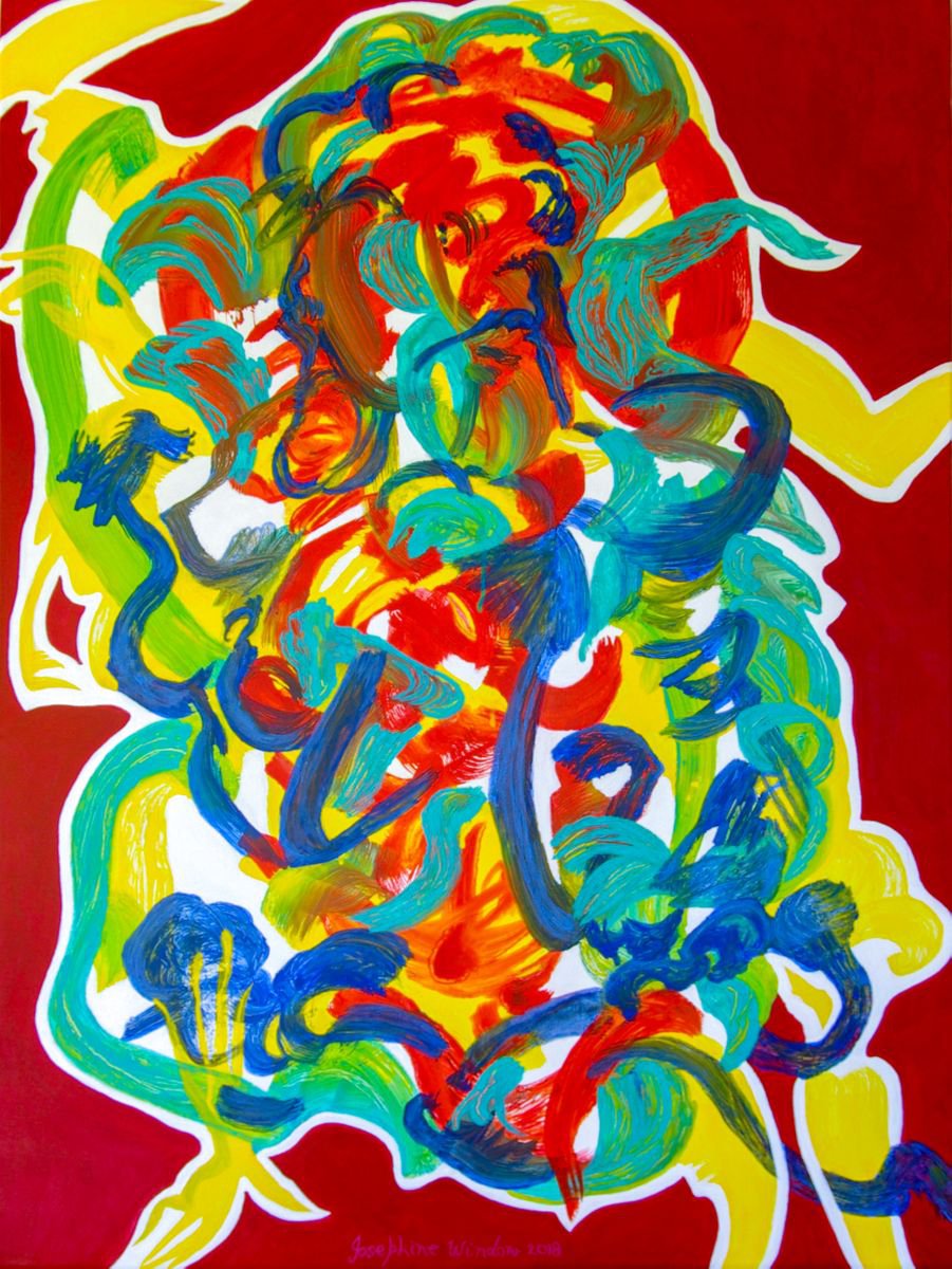 Organic Abstract Acrylic Painting By Josephine Window, 30 X 40", Red Flower Dance, Original Artwork