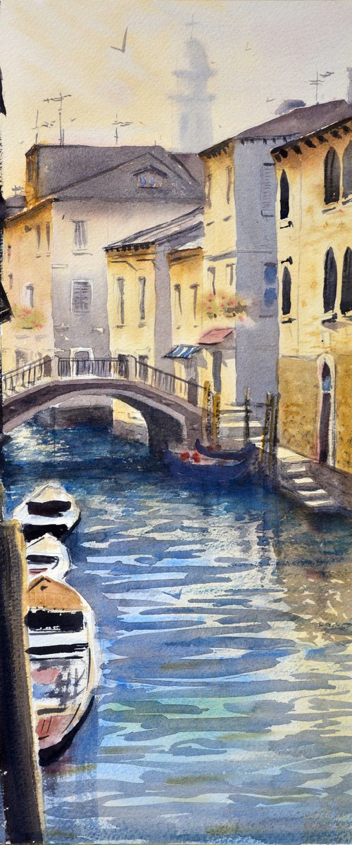 Light above canal of Venice Italy 23x54cm 2020 by Nenad Kojić watercolorist