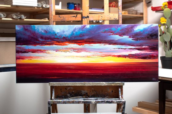 Red Sunset at the sea. Colorful Sky Oil Painting