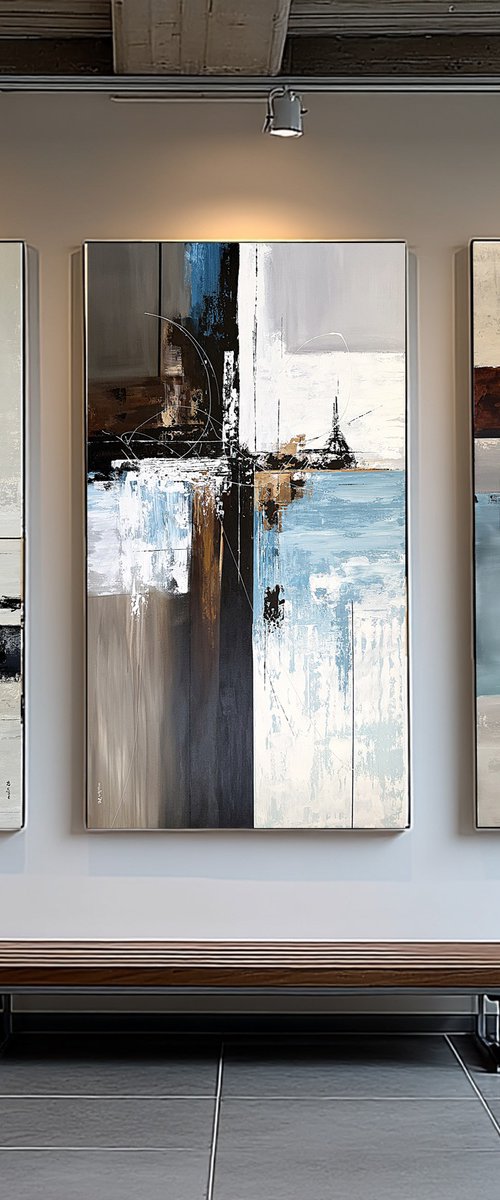 Large Neutral Triptych 240x140 cm Blue Gray by Tatiana Malinovscaia