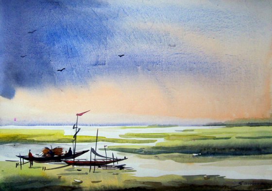 Fishing Boat and Monsoon day-Watercolor on Paper