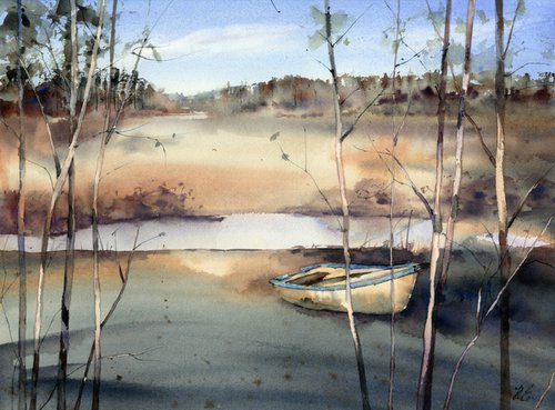 Autumn river in watercolor, fishing boat in the forest by Yulia Evsyukova