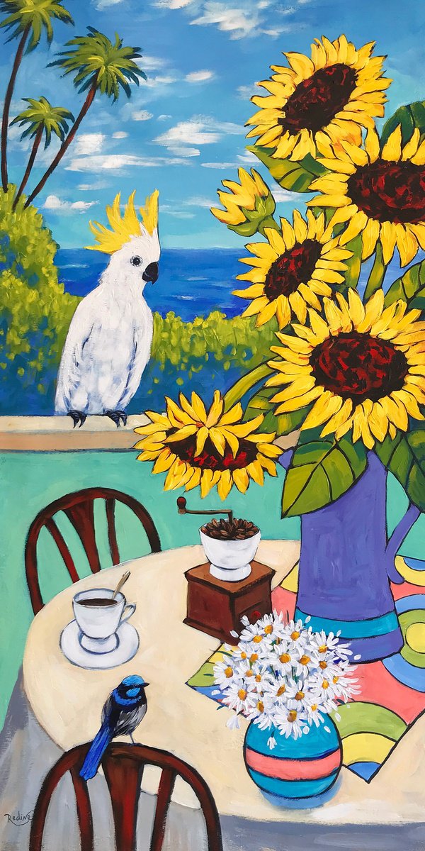 Impressionistic Animal Acrylic Painting By Irina Redine, 18 X 36, Sunflowers, Original Artwork