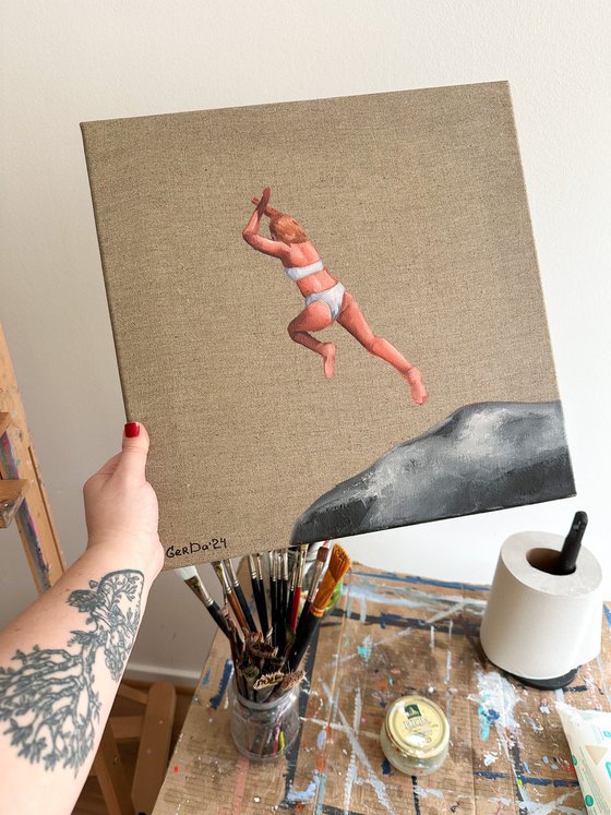 Leaping into Water - Swimmer Woman Dive Beach Painting