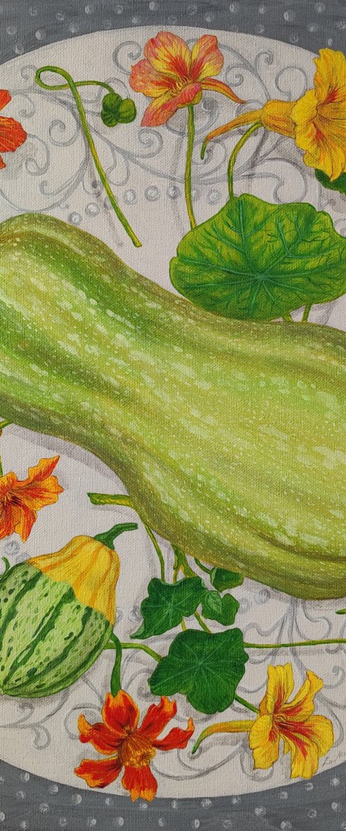 Butter pumpkin and nasturtiums by Natalie Levkovska