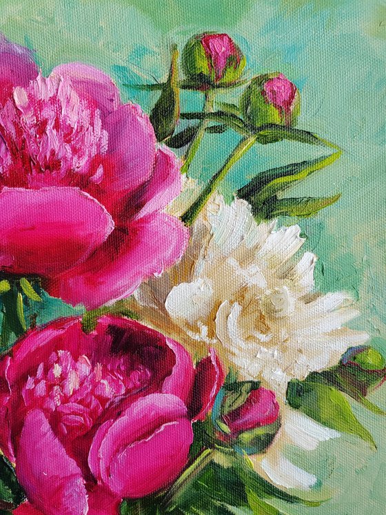 Pink and white peonies bouquet oil painting original still life 16x20"