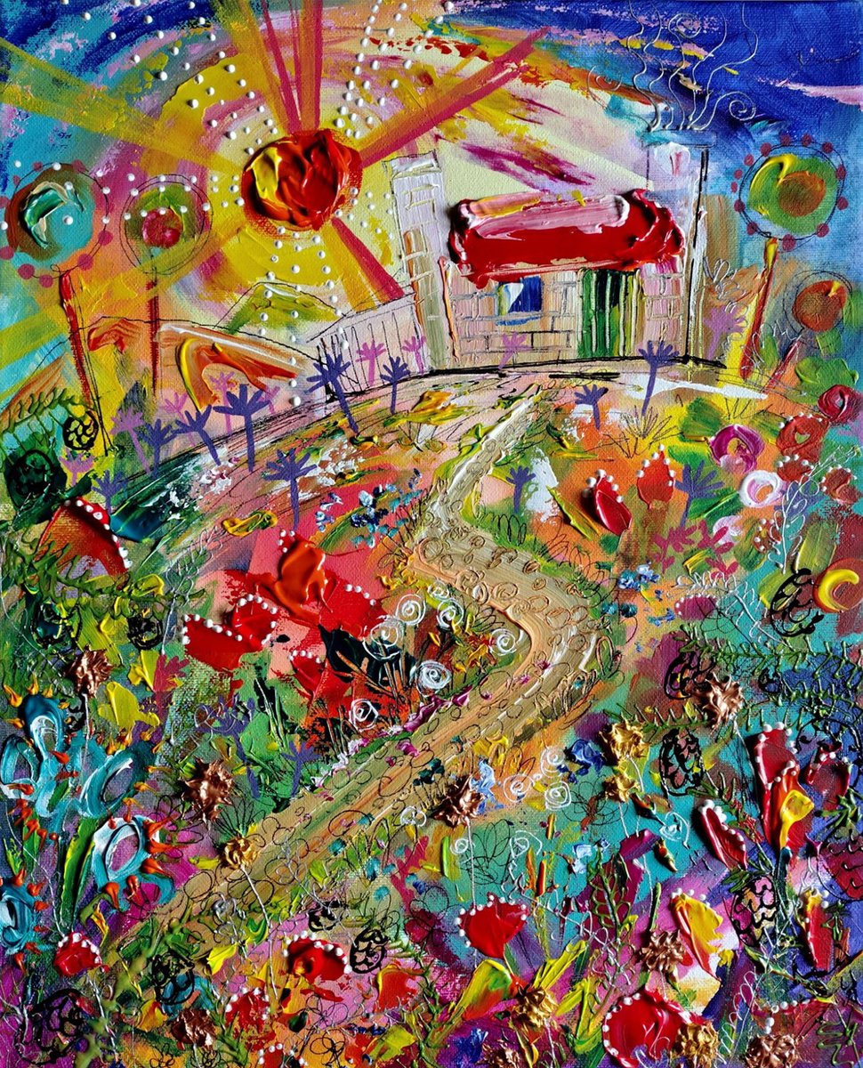 Naive Botanical Acrylic Painting By Andrew Alan Johnson, 14 X 18, Cottage Garden, Original Artwork