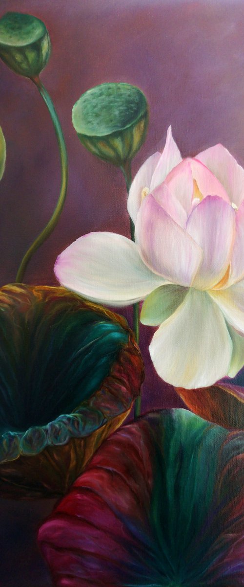 Lotus Magic, Lotus painting, lotus painting, lotus in oil, white lotus, lotus with leaves, oil painting, original gift, home decor, Flowering, Spring, Leaves, Living Room, leaves,  flower picture, petals,  delicate flowers, painting with white flowers by Natalie Demina