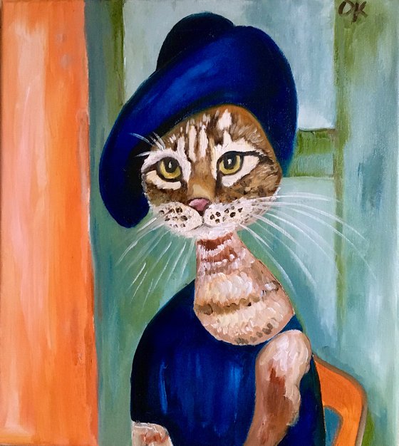 Cat Lady in a hat, Inspired by Amedeo Modigliani portrait Joanne Hebuterne