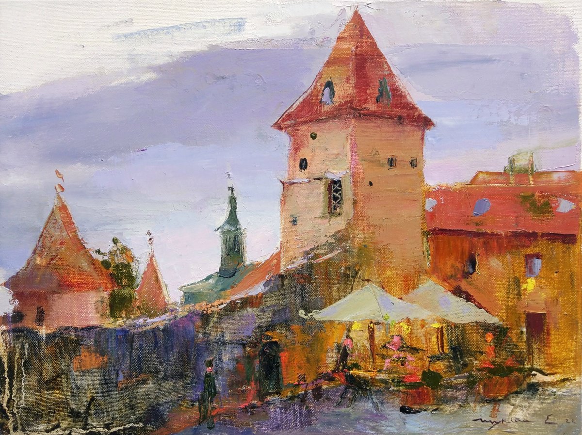 Ancient castle in Bardejov. Slovakia . Original plain air oil painting by Helen Shukina