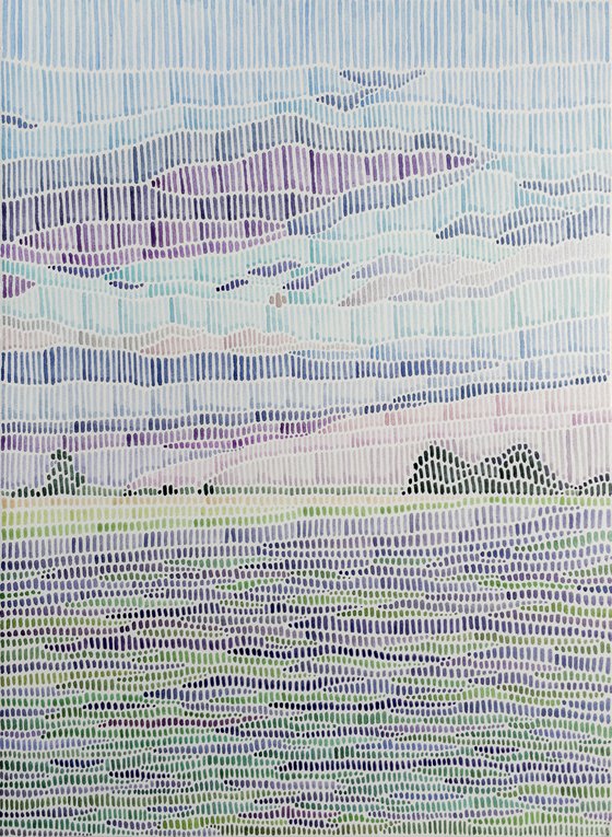Original style watercolor abstract landscape in calm violet palette