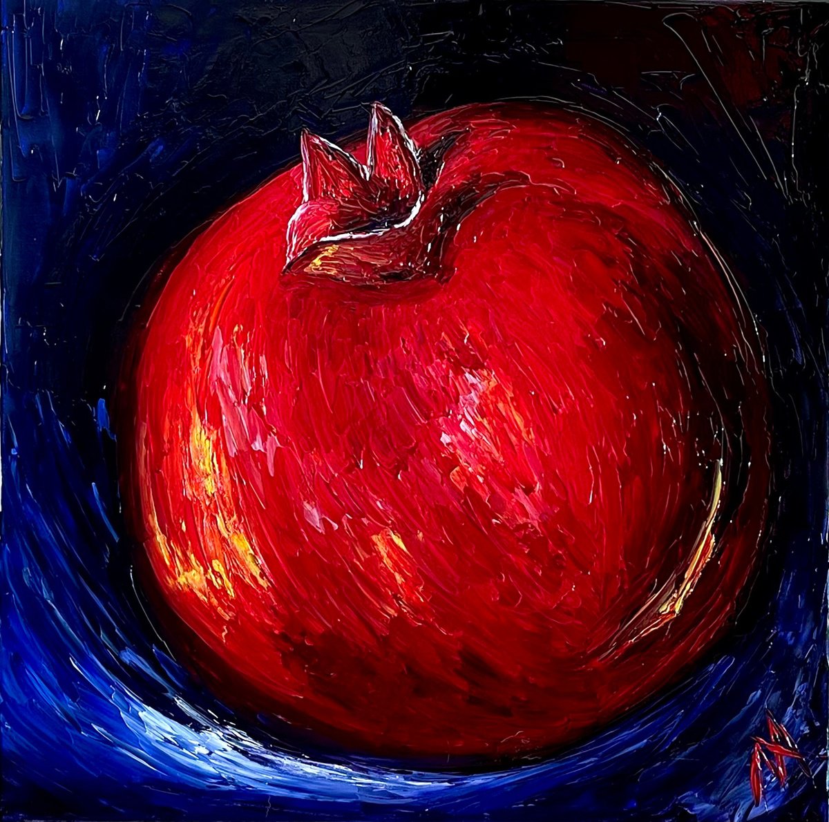 Expressive Still Life Oil Painting By Anastasiia Novitskaya, 24 X 24, Pomegranate, Original Artwork