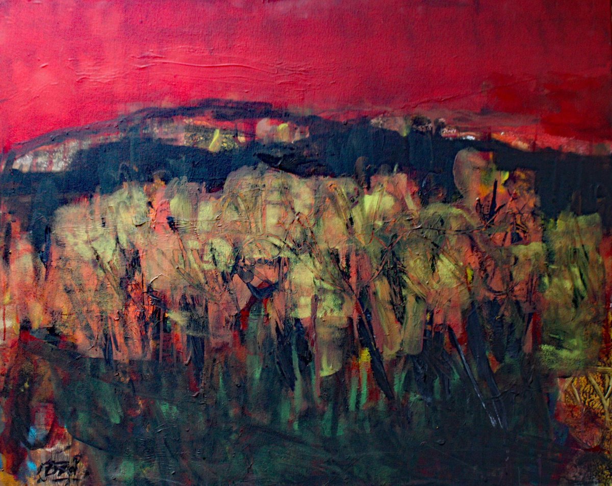 Abstract Landscape Acrylic Painting By Jacques Donneaud, 39 X 31, Automne Abstrait, Original Artwork