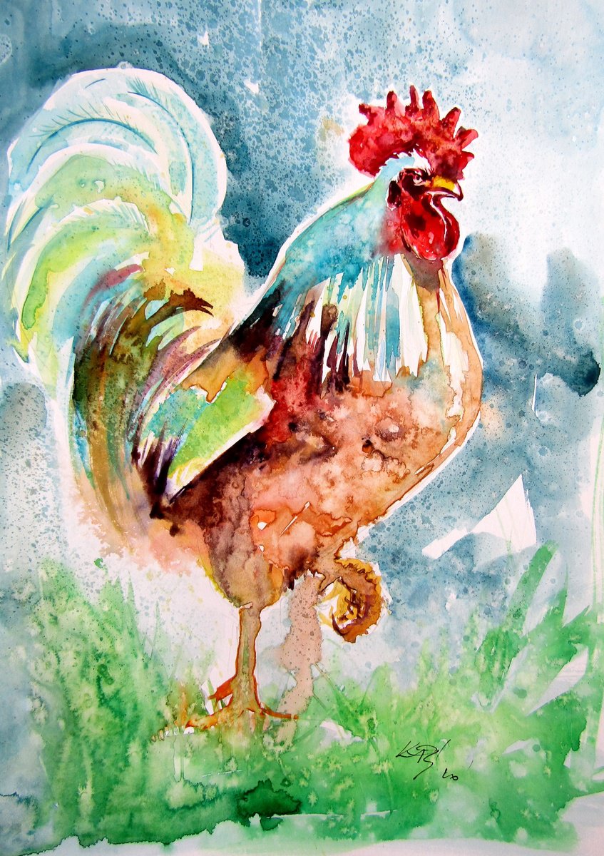 Impressionistic Animal Watercolour By Kovacs Anna Brigitta, 10 X 14", Rooster In The Yard V, Original Artwork