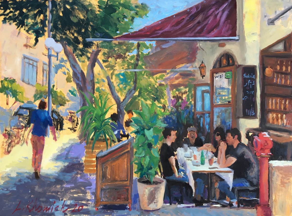Street cafe in South Tel Aviv, cityscape oil painting by Leo Khomich