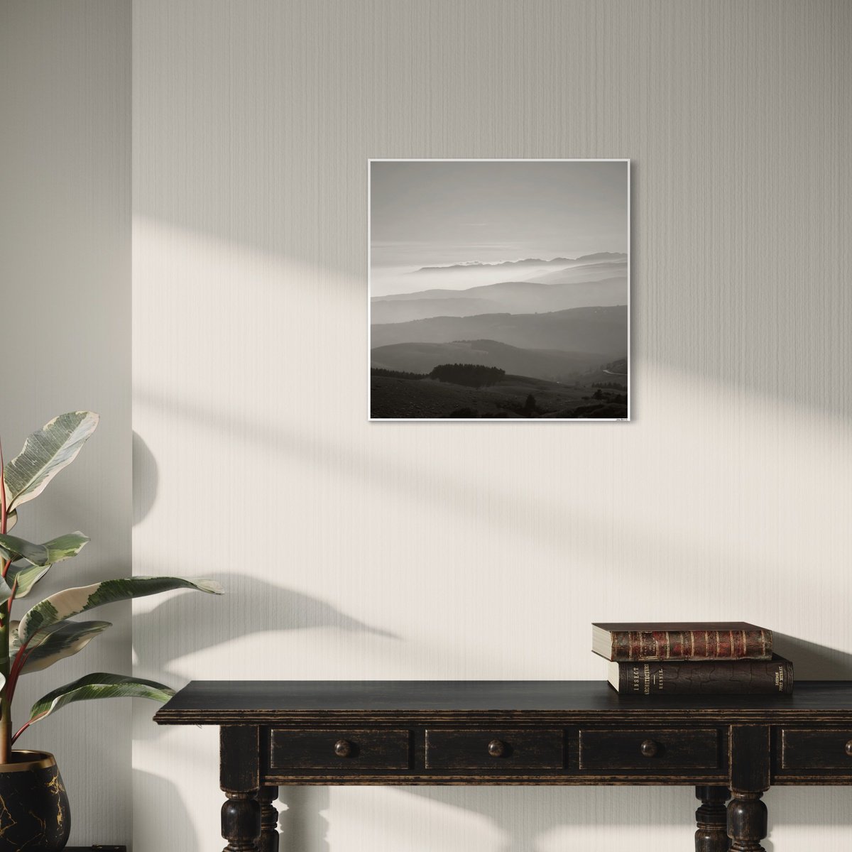 Photorealistic Landscape Photograph By Dario Moschetta, 20 X 20, Veil Of Mountains, Original Artwork