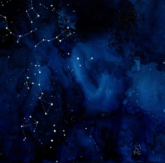 "Depth of Space" abstract dark blue watercolour with white dots constellations