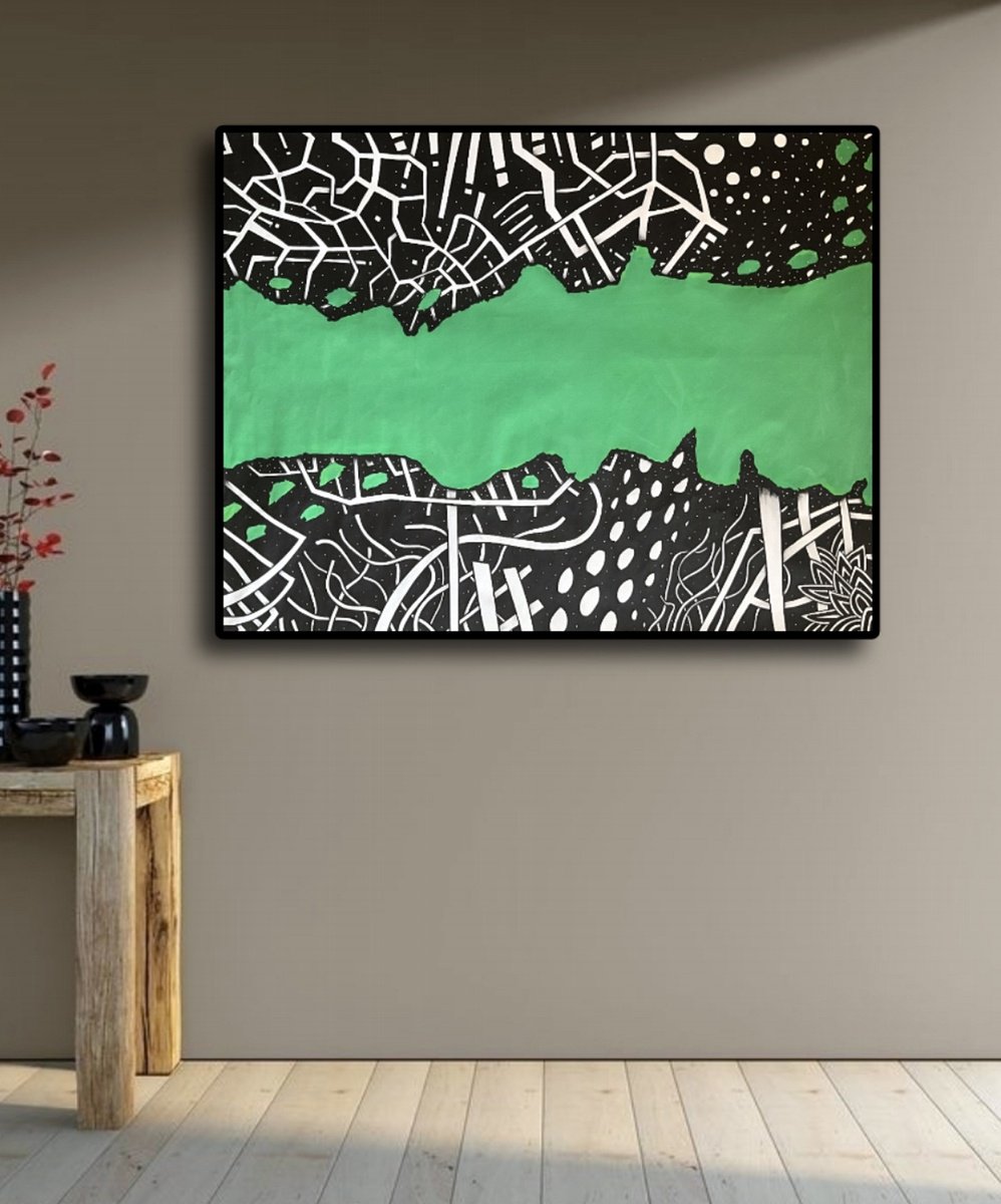 Abstract Painting By Riccardo Ticco Capparella, 63 X 48", Green River #2, Original Artwork