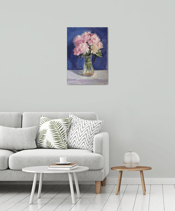 Peonies on a blue background