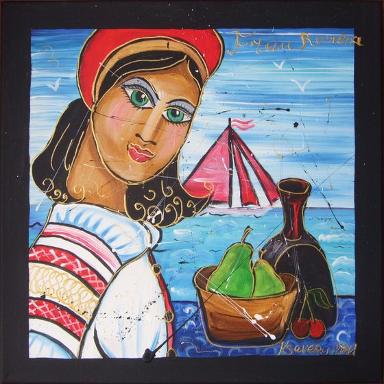 Portrait of the girl Romena painting nautical original decor art 35x35x4 cm stretched canvas acrylic wall art