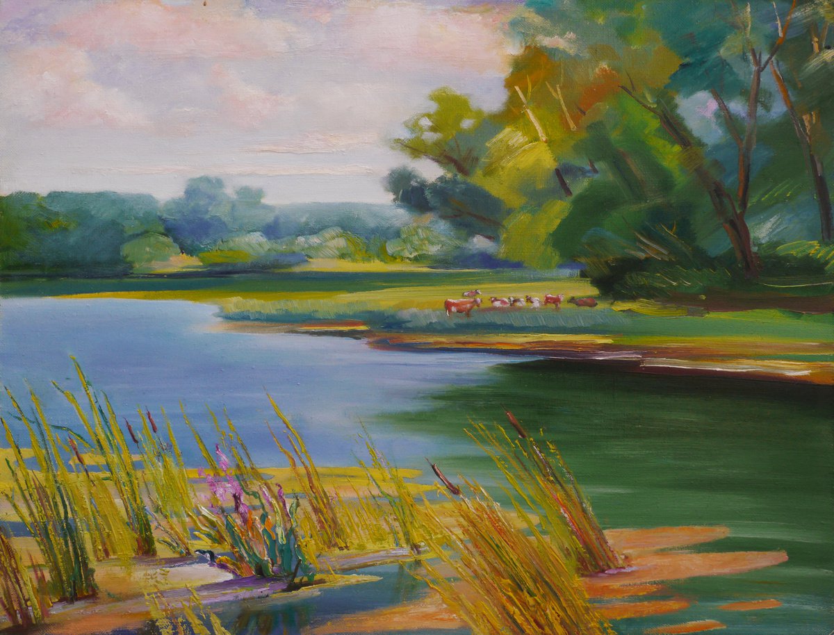 Impressionistic Landscape Oil Painting By Vyacheslav Onyshchenko, 33 X 26", Summer. Cows Near The Water, Original Artwork