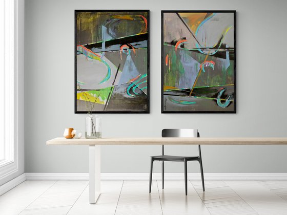 Super Big Abstract - "Space abstract" - Diptych - Geometric abstract - 90x260cm