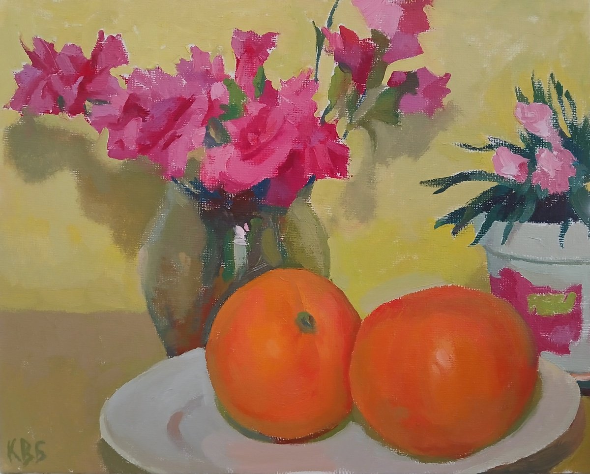 Impressionistic Still Life Oil Painting By Vasyl Koval, 12 X 9", Harmony In Orange And Pink, Original Artwork