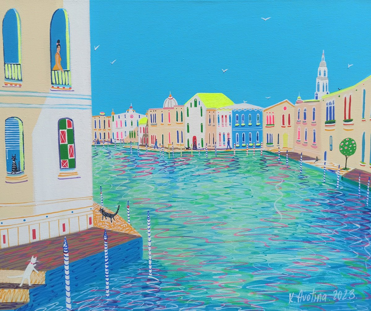 Impressionistic Landscape Acrylic Painting By Katrina Avotina, 24 X 20", Your Guide In Venice, Original Artwork