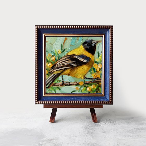 Audubon oriole bird small framed art oil painting original 4x4, Yellow bird on brunch thank you gifts