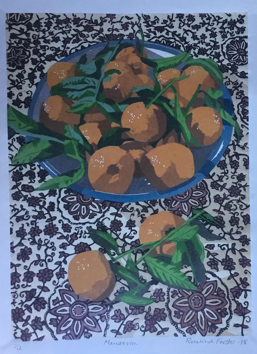 Botanical Linocut By Rosalind Forster, 12 X 15", Mandarins, Original Artwork