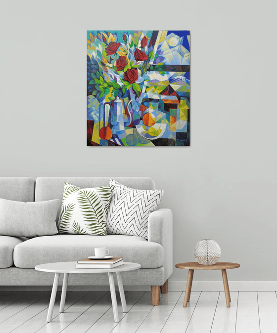 Still life with roses (80x90cm, cubism, oil painting, ready to hang)