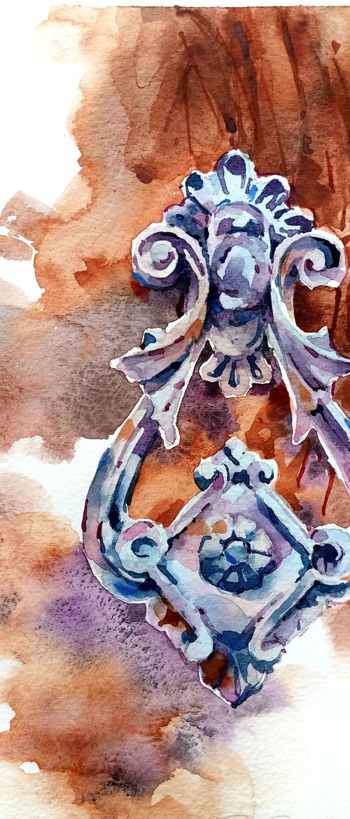 "Antique doorknob on a wooden background" modern watercolor sketch original illustration by Ksenia Selianko