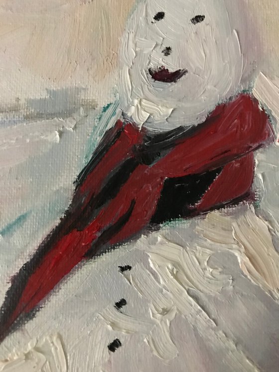 Hey Snowman! Winter landscape oil painting