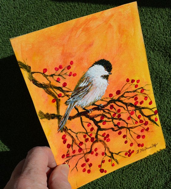 Gold Chickadee - original 5X7 framed acrylic painting on watercolor paper