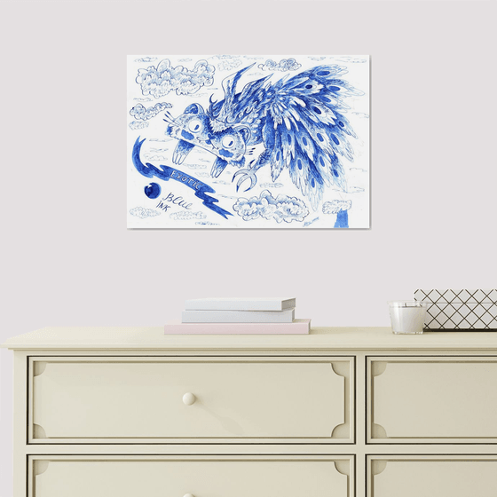 Peacock-cat in blue ink