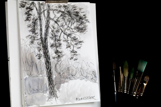 Winter time, the tree in the snow - sketch drawing on paper - poetic landscape garden in black and white atmospheric foggy day